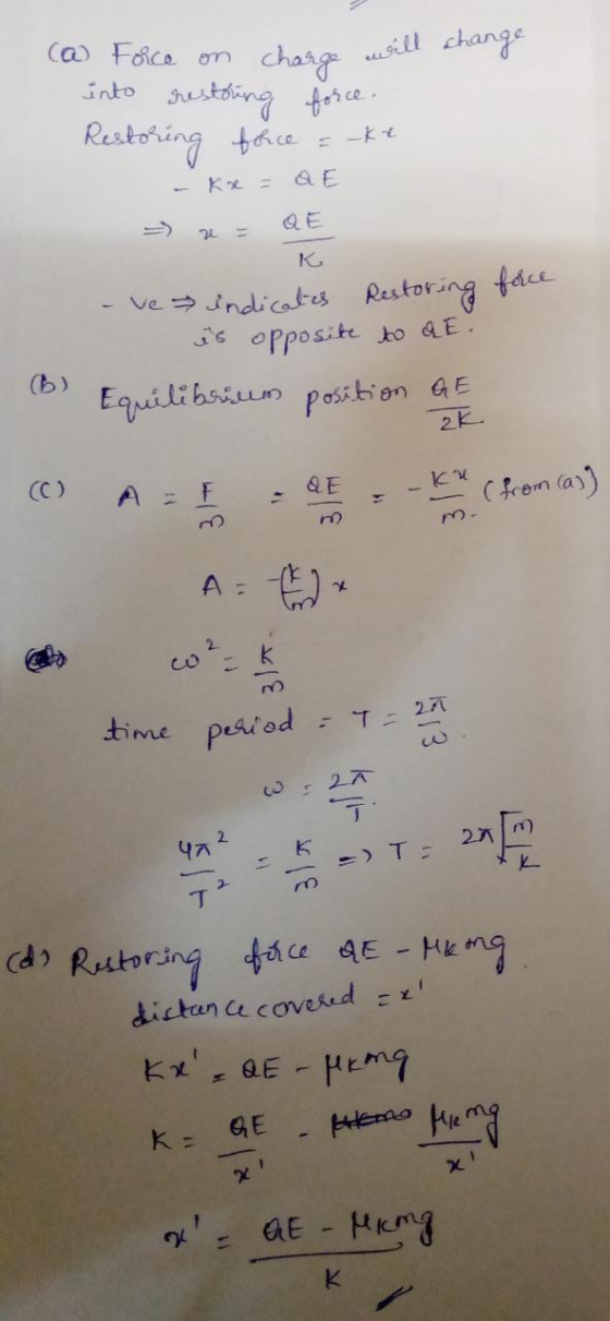 (a) Force on charge will change into restoring force. Restoring force = -ke - Kx = QE a = QE K - ve indicates Restoring force
