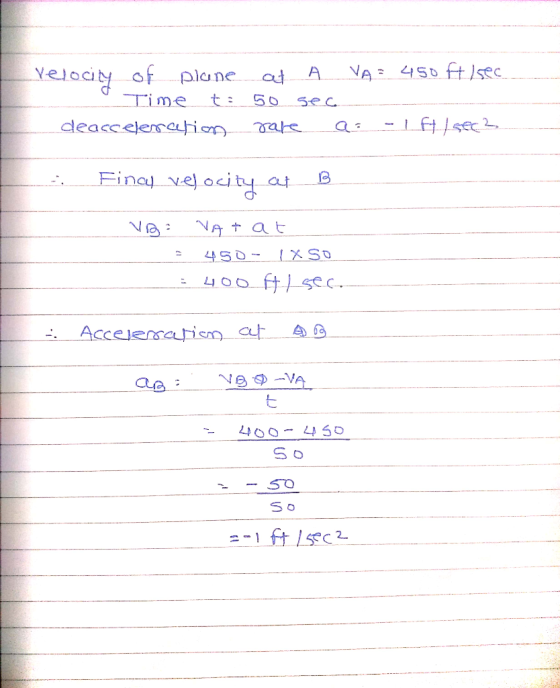 of plane VA 4450 ft)sec Yeoity A at Time t: 50 Sec as-ftec2 deaccelemeution. ate Final vel ocity at Ne NAt at 450- Accelensai