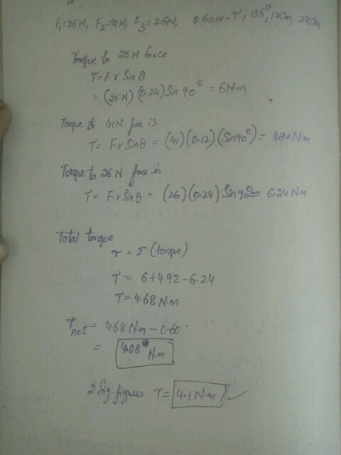 onge to 25N force T-FY Sin -6Nm T: Fr Sin& 1- FrSn806) (a2) Sn624 N Totel trgue toge) T-6+492-6-24 T-4.68 N.m net e68 Nm-0-60