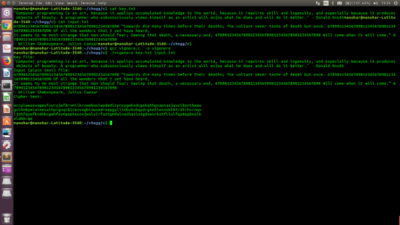t Terminal File Edit View Search Terminal Help nanohar@nanohar-Latitude-3540: /HomeworkLib/c$ cat key.txt Conputer progranning is a