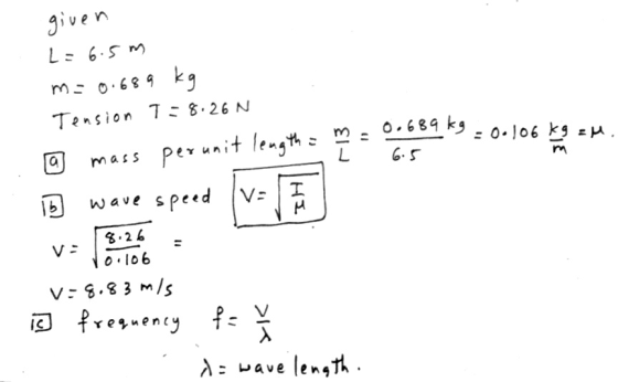 given L=6.5m kg m=0.689 Tension T = 8.26 N 0.689K9 = 0.106 - 01/06 23 : A 11 113 6.5 a mass perunit length = V I и 15 wave sp
