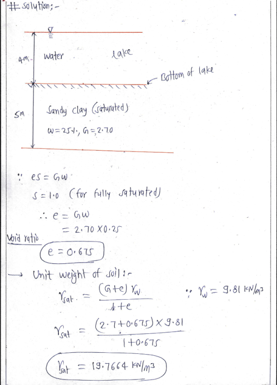 ton 4m Water 人ake ofom of lake Sa Sandy clay Ghuutd) esw r fully stated 2.70 X0.25 Unit wejght of Jo、11- te +0 67
