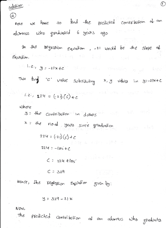 saluhion: (a) contribusiom at an Here we have alumnus who to find the predicted graduated 6 years ago Equation , -21 would be