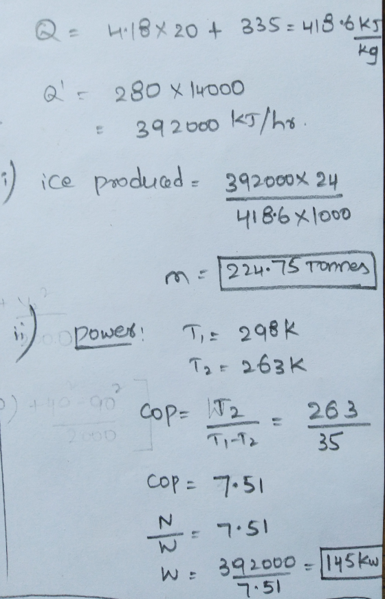 Q- H18x 20 + 335=418.6 kg kg Q 280 x 14000 39 2000 kJ/ho ice produced = 392000x 24 4186x1000 n=1224.75 Tonnes 2 opower T= 298