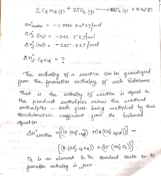 18 to) 16CO g) 2C8 Hie ) AHuacion AH CoD 343 5kmol 285.8k (mo! 2 The enthalpyof foimation enthalpy each abstane. a eaction Ca