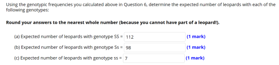 Using the genotypic frequencies you calculated above in Question 6, determine the expected number of leopards with each of th