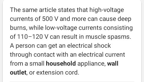The same article states that high-voltage currents of 500 V and more can cause deep burns, while low-voltage currents consist