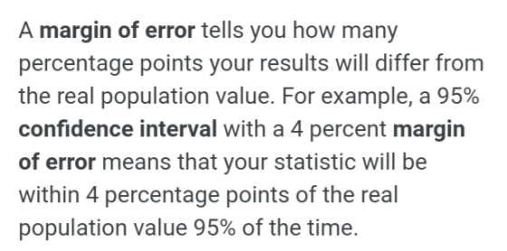 A margin of error tells you how many percentage points your results will differ from the real population value. For example,