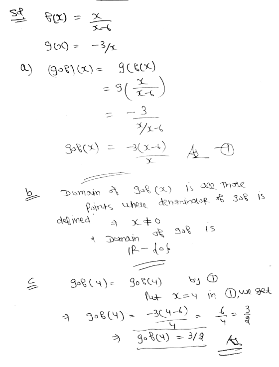 Scle F(X) = 960) = -36 gof)(x) = g(60X) a) X-6 gpcx) = -3(x-6) As @ Domain of guf(x) is all those - points where denominator