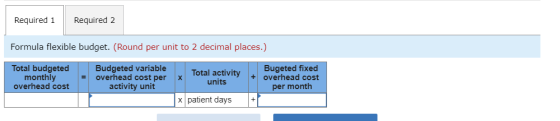 Required 1 Required 2 Formula flexible budget. (Round per unit to 2 decimal places.) Total budgeted monthly overhead cost Bud