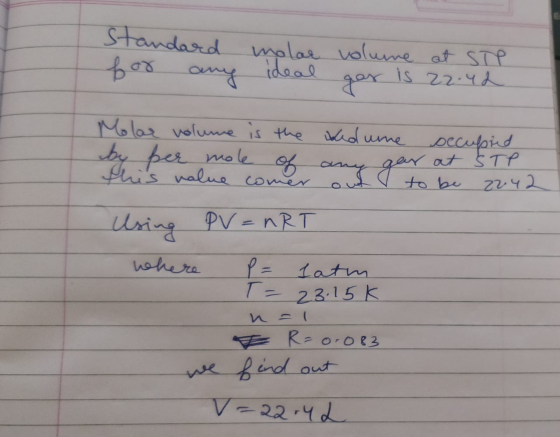 Standard for any molar volume at STP ideal gar is 22.42 Molar volume is the by per mole of this value comer wad une occupied