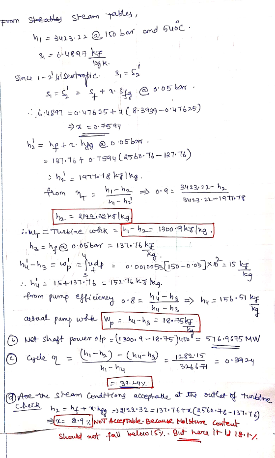cgk. from steables steam tables, hi = 3423-22 @ 150 bar and suoc. $1= 6.48 47 kereta since 1-2 si sentropic. Siasa Si= = sta