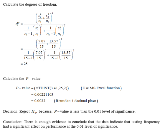Calculate the degrees of freedom. 2 n df =- n - 1 n ) n - n (7.07 13.57 15 * 15 1 (7.071 (13.57 15-1 15 15-1 15 = 25 +- Calcu