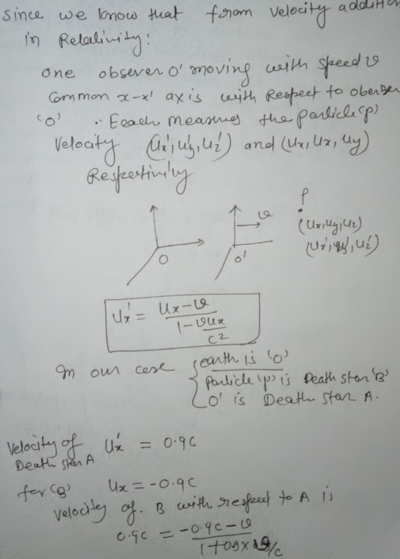 since we know that from velocity addit. in Relalinity: one obsever o moving with speed se Common x-x axis with Respect to o