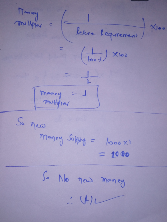 Money mulipler - Resere Requrement (obs) x 100 = I 1 money – el muthyrer So new Money Supply = 1000 x1 = 1000 So No new money