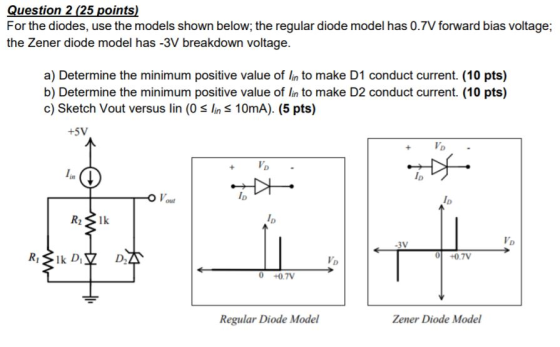 Question 2 (25 points) For the diodes, use the models shown below; the regular diode model has 0.7V forward bias voltage; the