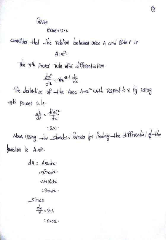 Given Cx80822.1. consider that the relation between asea A and Side x is A=x² d1 The nth power Yule afor differentiation dx