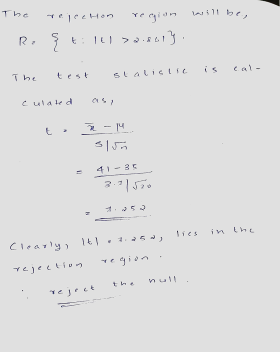 The rejection will be, region >2.861 13: R: an t: lll is cal- The test stalislic culated asi 2 -14 E slun 41 – 35 3.7 1520 I.