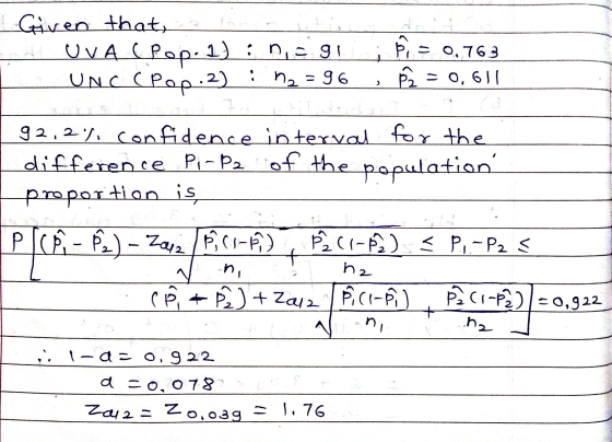 Given that, UVA (Pop. 1) nis91 UNC (Pop.2) : n = 96 Ñ = 0.763 p = 0,611 > 92,2%, confidence interval for the difference Pi-P2