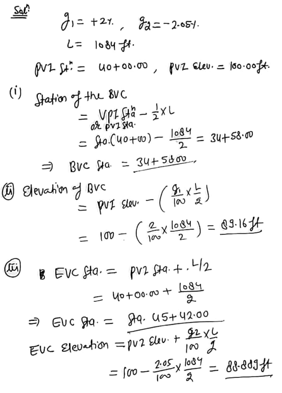 9,- +27., Jq=-2-054. L= 1084 ft. puz St* = 40+00.00, puz Elev. = 100.00ft. (1) Station of the BVC = upistä - XL or prista - $