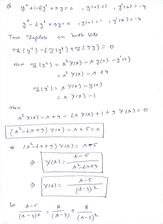 a y+(-6)y +gyzo y,0)=1 ,yllo)=ry y-byrgyzo 1910)=1 ,y(o)=-4 Take Laplace on both side Ily) -69 141)+2294)=0. Now a ly)