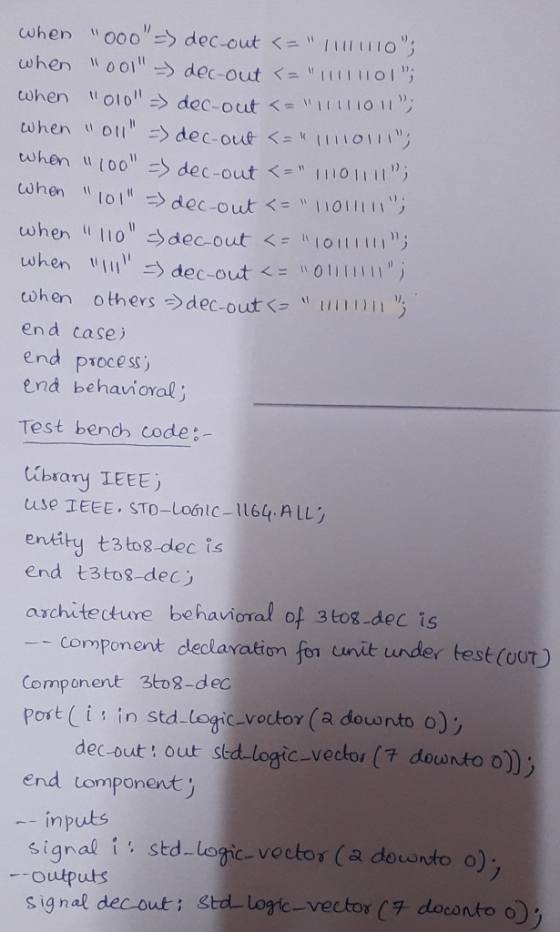 when 000=) dec-out <= 0; when 001 >> dec-out <= HOI; when 010 => dec-out <= 11111011; when woll = dec-out <= 1