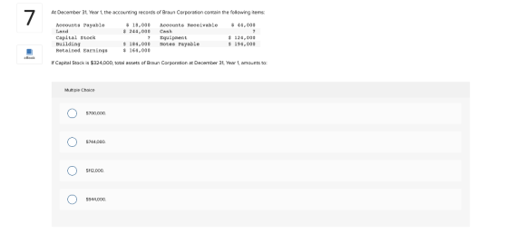 At December 31, Year 1, the accounting records of Braun Corporation contain the following items: 7 $ 18,000 $ 244,000 Account