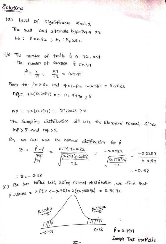 Solutim: (a) level of significance 2=0.0) The null and alternate hypothes os are Ho : P = 0. 8 2 ) H:P+0.8 ) (b) The number o