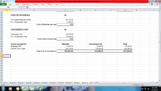 х 95 Process Costing - Microsoft Excel (Product Activation Failed) File Home Insert Formulas Page Layout Data Review View ♡ X