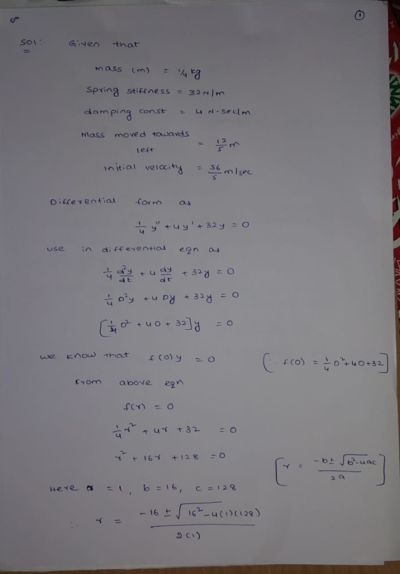 Sol: Given that mass = ²4 kg spring stiffness = 32N/m damping Const 4 N-seclm Mass moved towards lor left initial velocity st