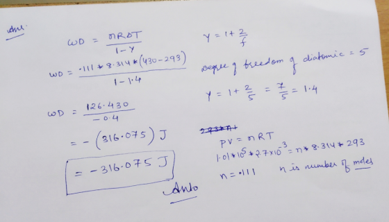 CD = PROT yaitą q diatomic = 5 1-Y wo = -111 8.314* (430-293) 1-104 Degree a breed y = 1+ 25 = 7/5 = 1.4 LD = - won - 126.430