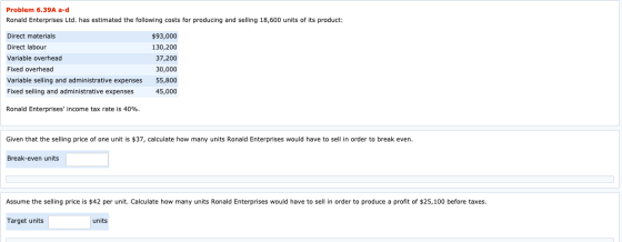 Problem 6.39A a-d Ronald Enterprises Ltd. has estimated the following costs for producing and selling 18,600 units of its pro
