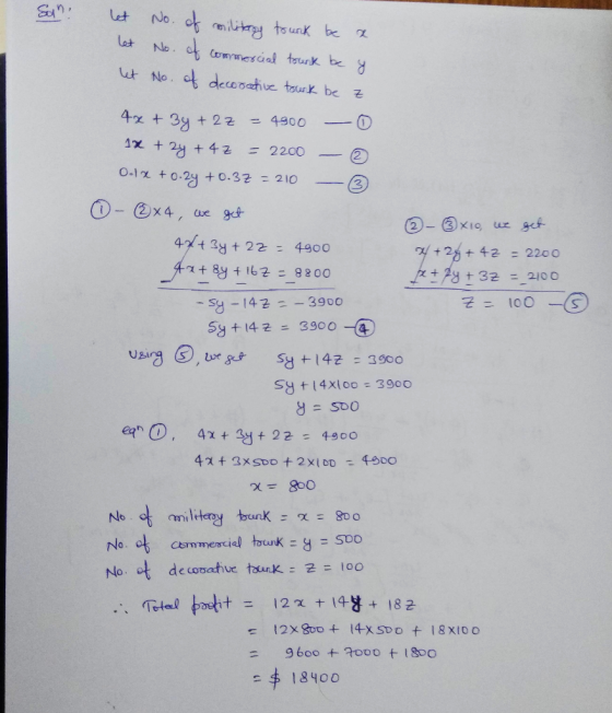 No. of military trunk be a let No. of commercial tourik be y let No. of decorative torunk be z 4x + 3y + 27 = 4900 -0 1x + 2y