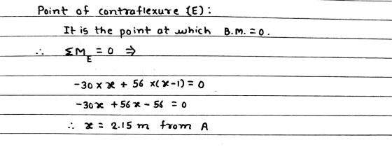 Point of contra flexure (E):_ It is the point at which B.M.=0. EM=0 -30 x ze + 56 x(x-1)=0 -30 * +56 * - 56 -0 .: X: 2.15 m f