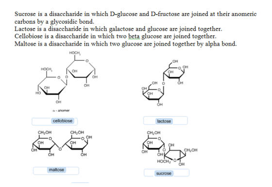 Sucrose is a disaccharide in which D-glucose and D-fructose are joined at their anomeric carbons by a glycosidic bond Lactose