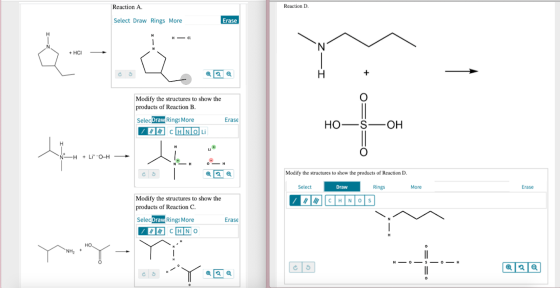 Reaction A. Reaction D Select Draw Rings More Erase H CL + HCI I- + Modify the structures to show the products of Reaction B.