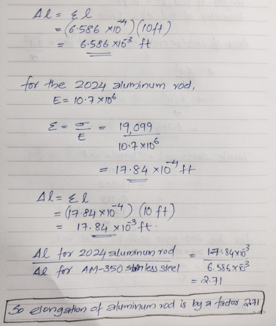 Al=&l (6.586 810) (10 ft) 6.586X163 ft for the 2024 aluminum voel, E= 10.78186 E = = 19,099 10.7x106 = 17.84x10h ft Al=el = (