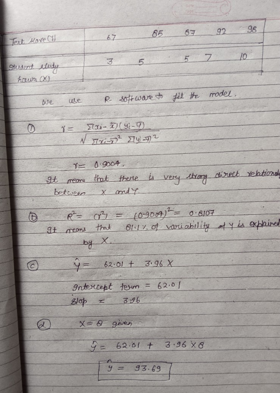 82 85 92 96 67 Test slove u 5 7 3 10 5 Student study hrowy (X) model, we we R- software to fit the ( - 271-(92-9 NRT² 274 72