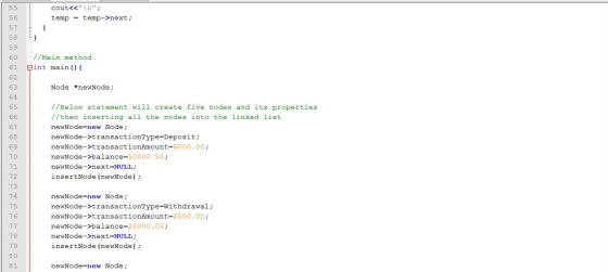 л | un cout<<\n; temp = temp->next; л o л и co //Main method Fint main() { Node *newNode; //Below statement will create fiv