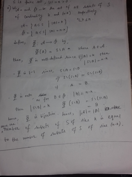 a) 너 then ) Tn well-defind Aim u if,Inl =k them, un bijatno n hon CR ) |CA İ =1ßl Q.stfee. hiie the ize (n-k