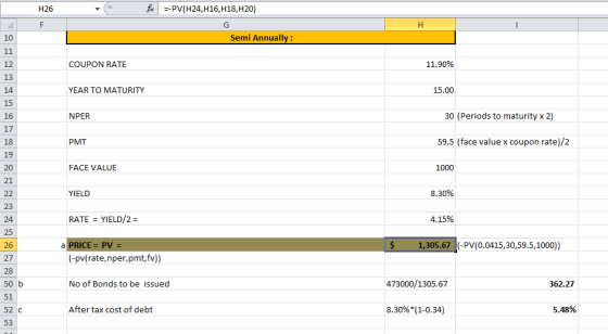 H26 fx --PV(H24,H16,H18,H20) Semi Annually: COUPON RATE 11.90% YEAR TO MATURITY 15.00 NPER 30 (Periods to maturity x 2) PMT 5