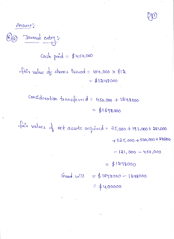 Answers @ Journal entry: Cash paid = $450,000 fair value os shaves issued = 104,000 x $12 = $1248000 Consideration to cd = 45