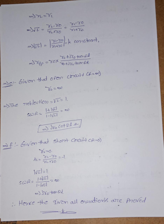 -2=r =>JI) = 1 /-k constant, <irotanßd - Vilp-rox Toturitanda corcait (R=00) e Given that open - The reblection = VI=1. SWR