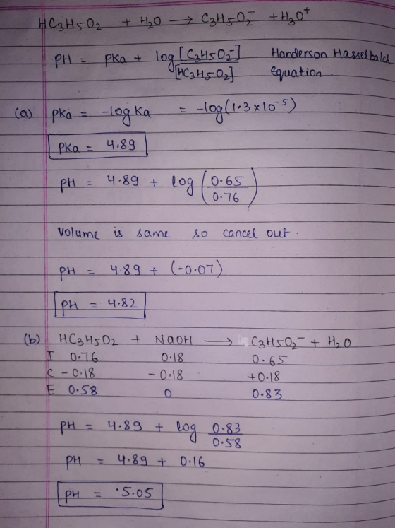 HC 3 H 5 O2 + H₂O C₃H07 + H₂ot I PH = pka + log (C₂H5O₂ Handerson Hasselbaka HC 3 H 5 Og equation. 2 pka = -log ka = -log (1.
