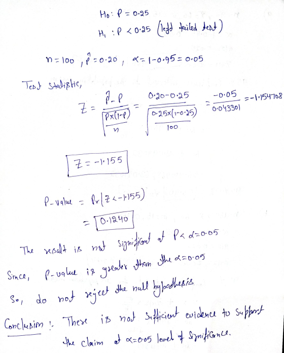 Ho: P = 0.95 Hi :P < 0.25 (left teiled dest) n=100, P=0.20, 2=1-0.95 = 0.05 Test Stalistic a nd 8P 0.30-0.25 PxCore) 0.25x11-