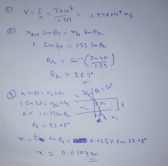 nhir Sinoi n r= 1.978 xlosma 3x108 1.57 Sin 40 = 1.33 sm Or or = sint (3m 40 ) Or = 28.90 = h, sm Op z na su der O; = 30 1 sm