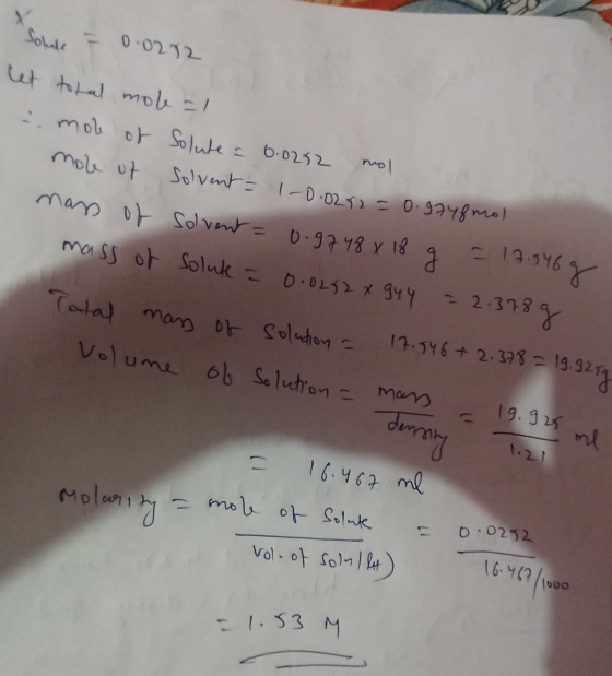 Soluk - 0.0272 mol et total mole -1 mok of Solute = 0.0252 mole of Solvent = 1-0.0282=0.9748mol maps of solvent = 0.9748 X 18