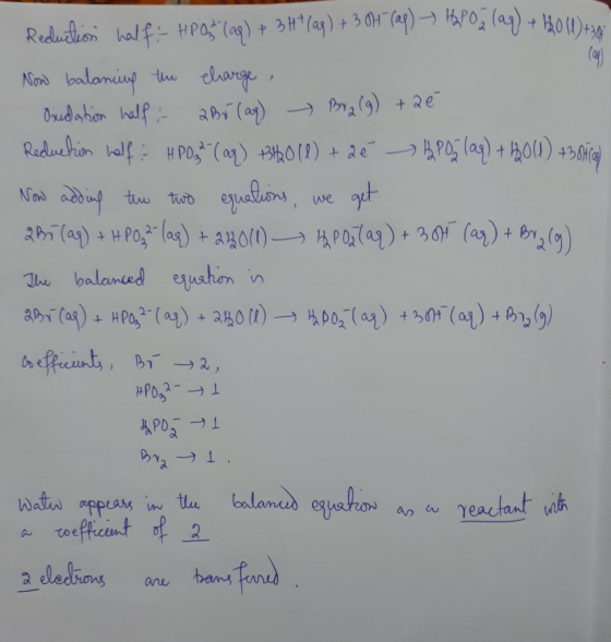 (a0 Reduclion half HPa (ag) (a) +30a) Nod balamin th clarge Oredahon half abi (a) P() +2e Reduehion half HPO3 (a) 0) 2e Pa)ol