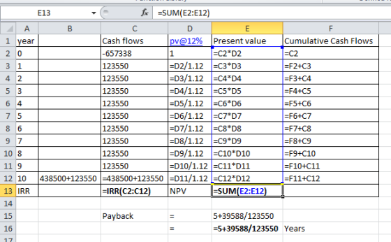 E13 fx =SUM(E2:E12) A B C D E F 1 year Cash flows pv@12% Present value Cumulative Cash Flows 20 |-657338 1 =C2*D2 1=C2 3 1 12