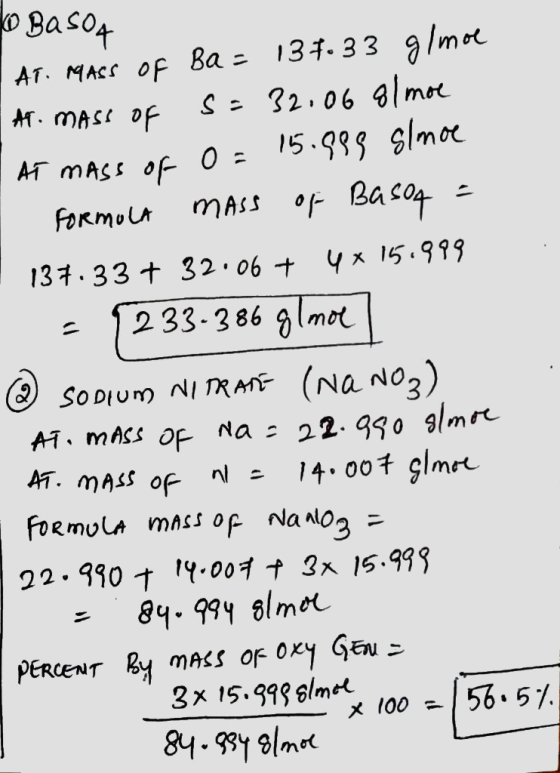 to Basoa AT. MASS OF Ba = 137.33 g/mol - AT. mass of s= 32.06 g/mol At mass of O=15.999 slmoe I Formula mass of Bason = 137.3